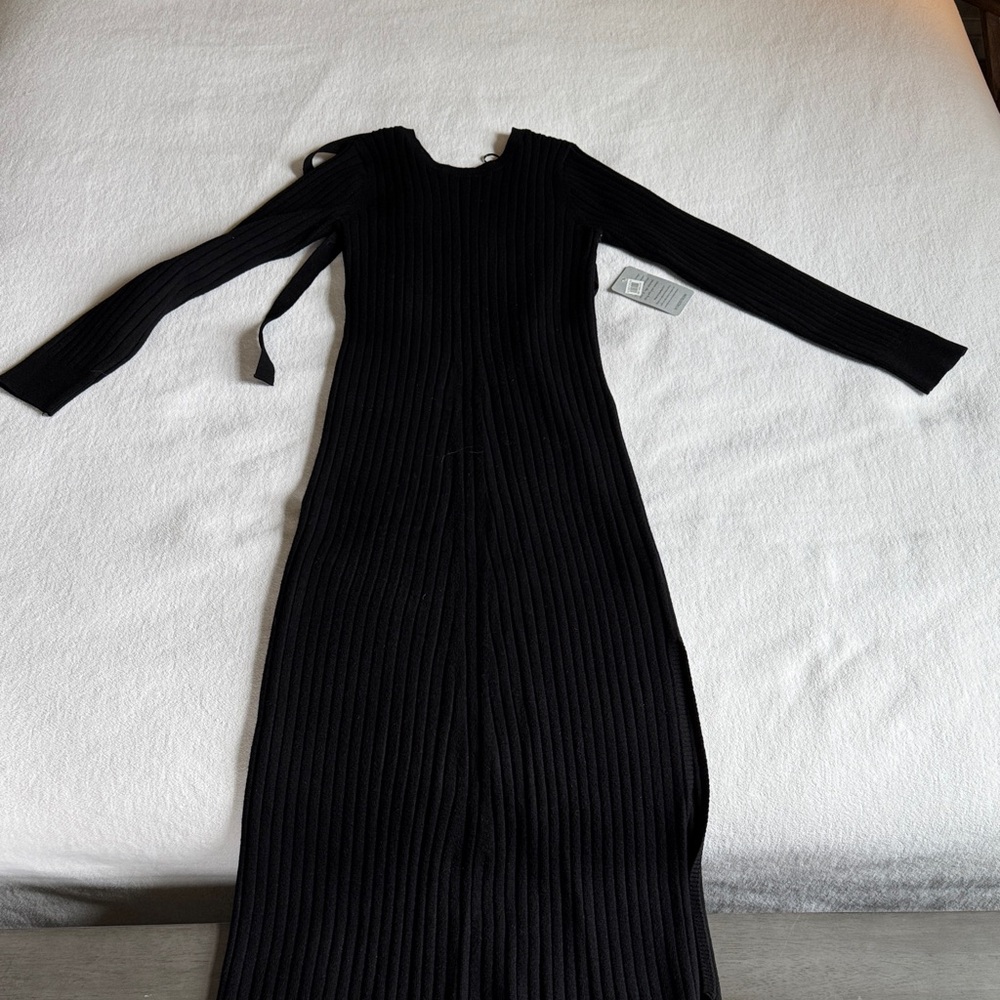 Wayf Black Long Sleeve Ribbed Dress